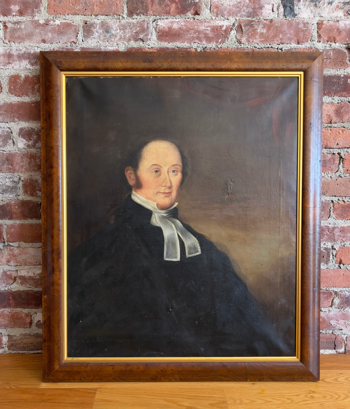 19th Century American School Portrait Oil Painting in Burlwood Frame