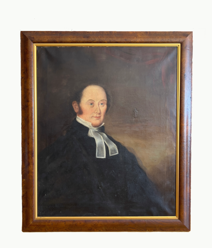 19th Century American School Portrait Oil Painting in Burlwood Frame