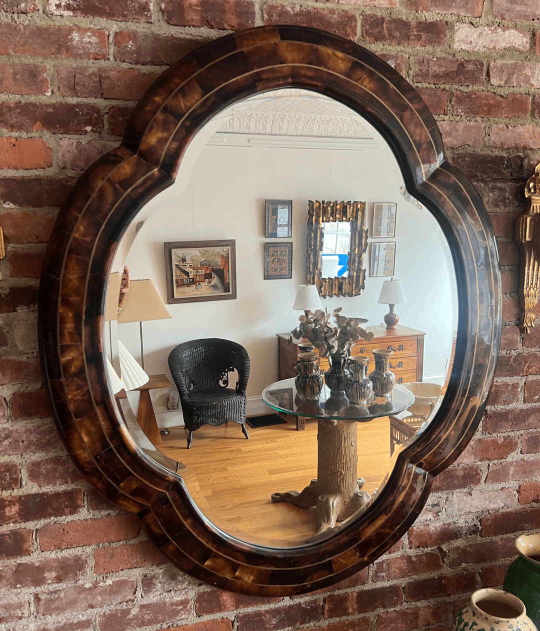 Faux-Tortoiseshell Quatrefoil Beveled Mirror With Brass Inlaid Detail