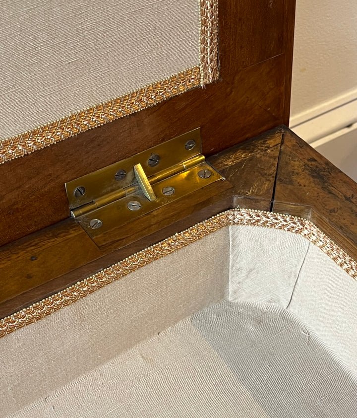 Antique English Tufted Storage Bench on Fluted Legs with Casters interior hinge detail showing lined storage.