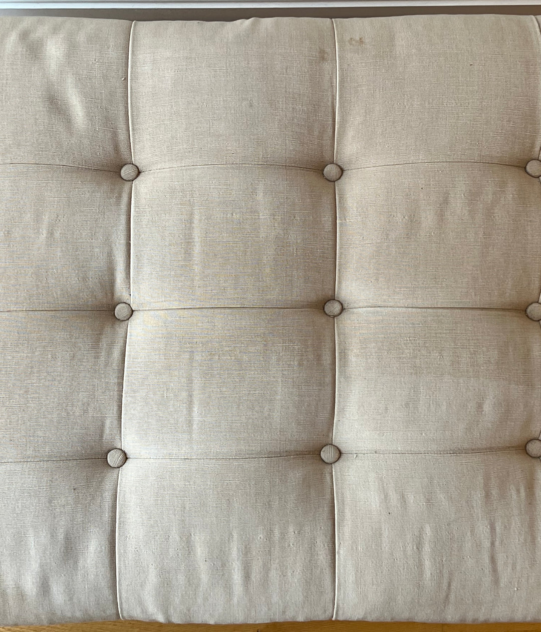Antique English Tufted Storage Bench on Fluted Legs with Casters upholstery top with tufted buttons.