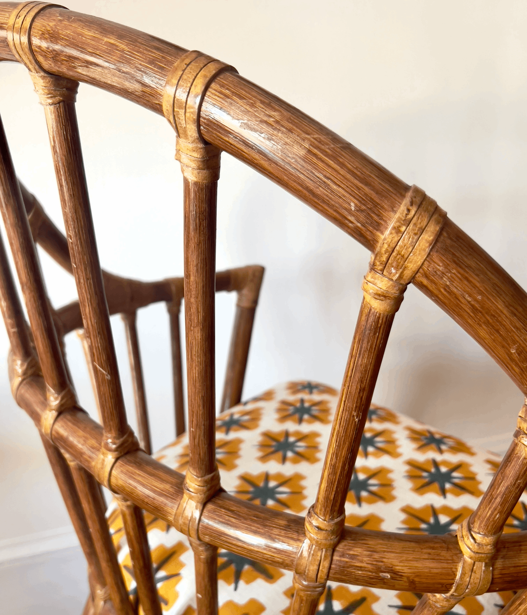 Vintage Barrel-Back Rattan Chair with Block-Printed Seat - andfoundfurnishings