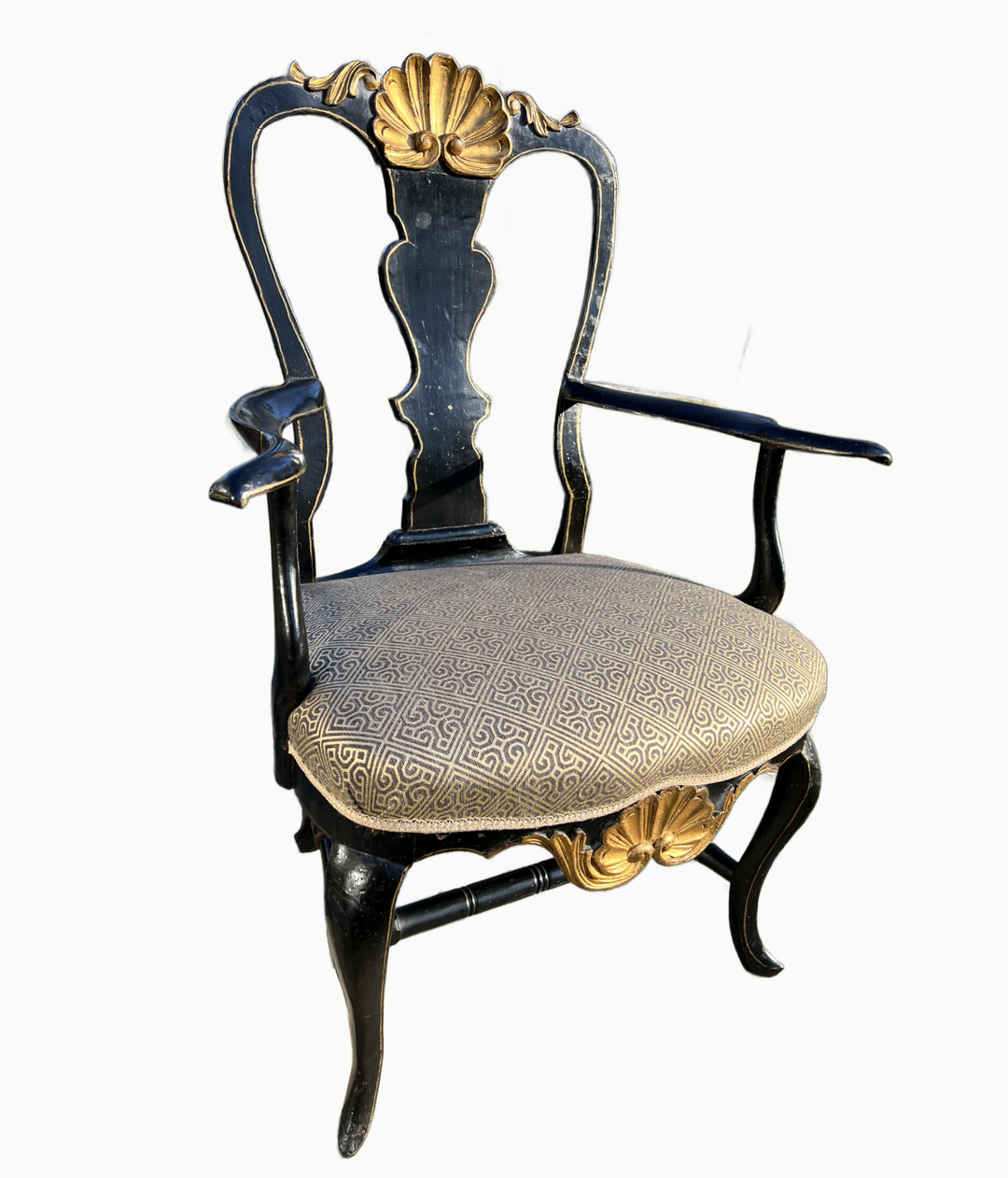 Late 18th century queen anne armchair in painted black finish withgold details