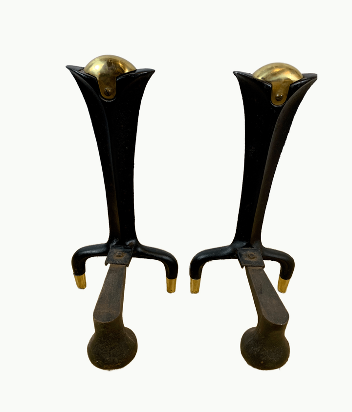 Pair of Mid-Century Donald Deskey Iron and Brass Andirons - andfoundfurnishings