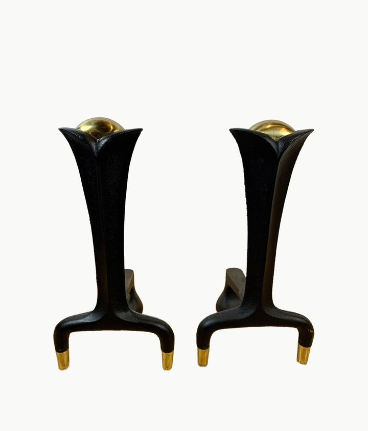 Pair of Mid-Century Donald Deskey Iron and Brass Andirons - andfoundfurnishings