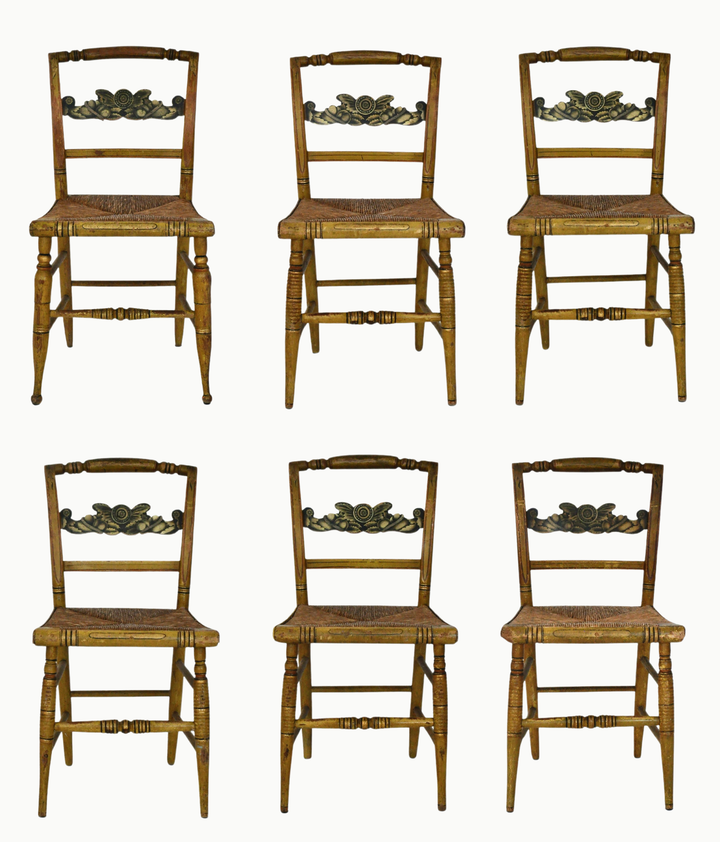 Six Antique Painted Sheraton Dining Chairs with Rush Seats and Stenciled Backs