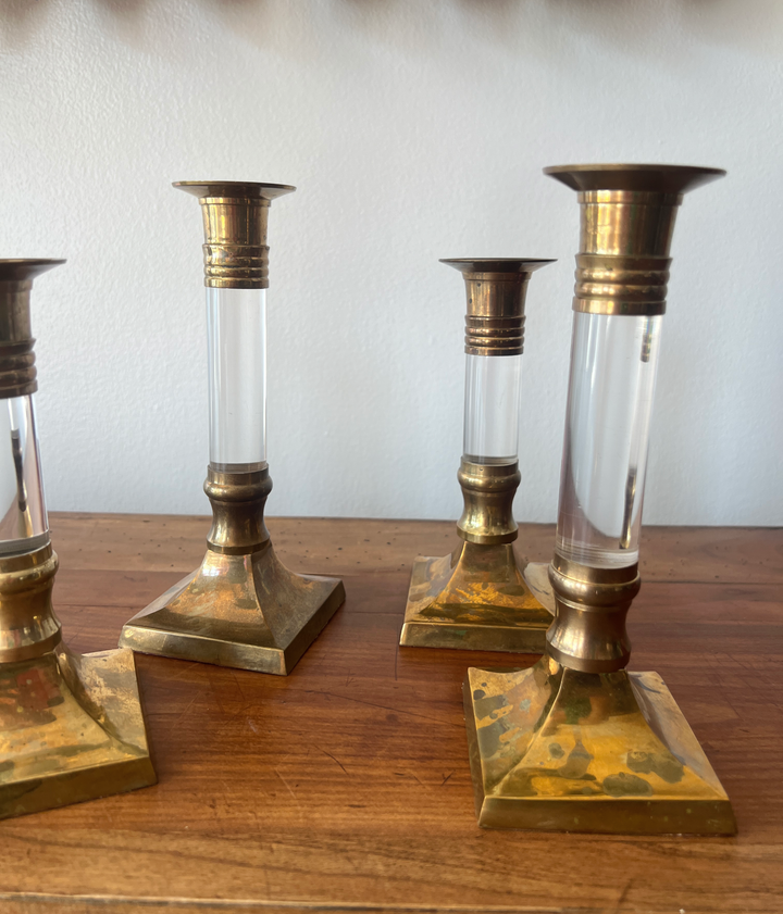 Vintage Brass and Lucite Candlestick Holders - andfoundfurnishings