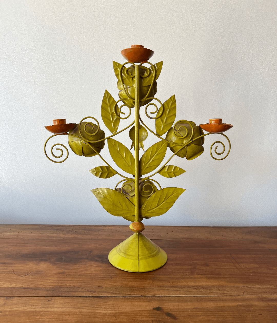 Vintage Tole Three-Arm Candelabra With Floral Motif - andfoundfurnishings
