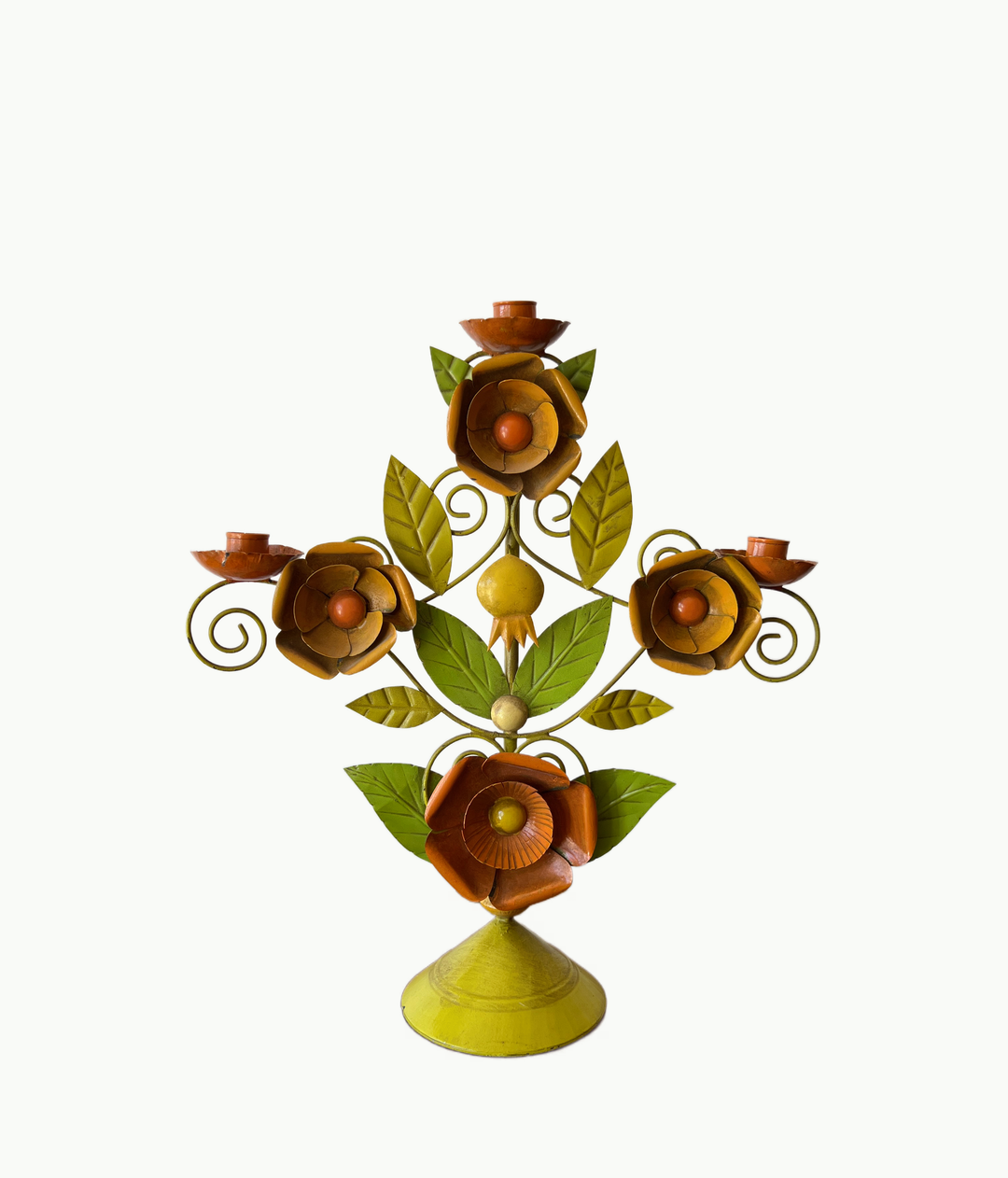 Vintage Tole Three-Arm Candelabra With Floral Motif - andfoundfurnishings