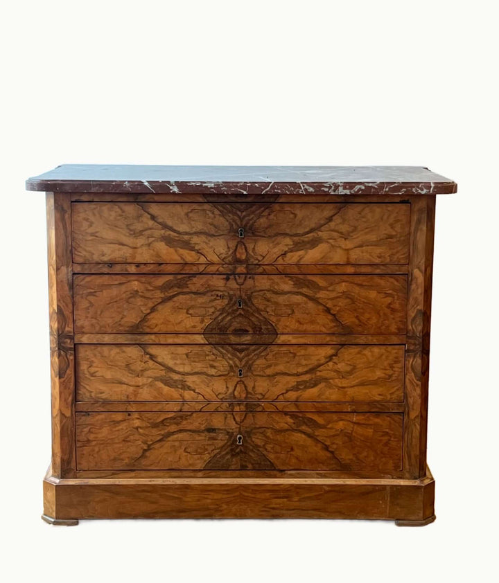 19th-century French Louis-Philippe Marble-top Commode with walnut veneer and Rouge-Royal marble top.