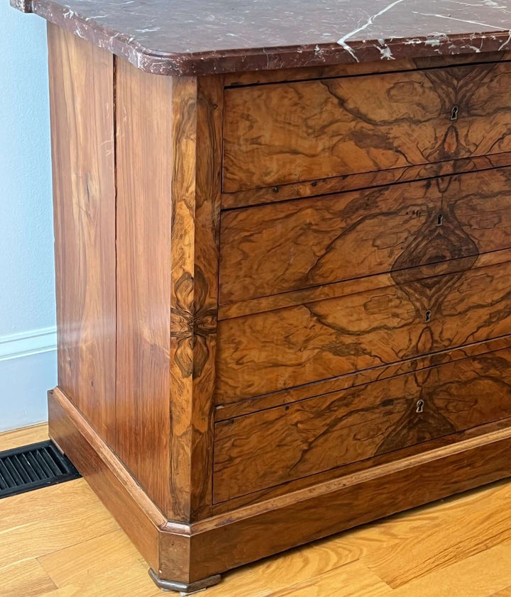 19th-century French Louis-Philippe Marble-top Commode featuring walnut veneer and a Rouge-Royal marble top.