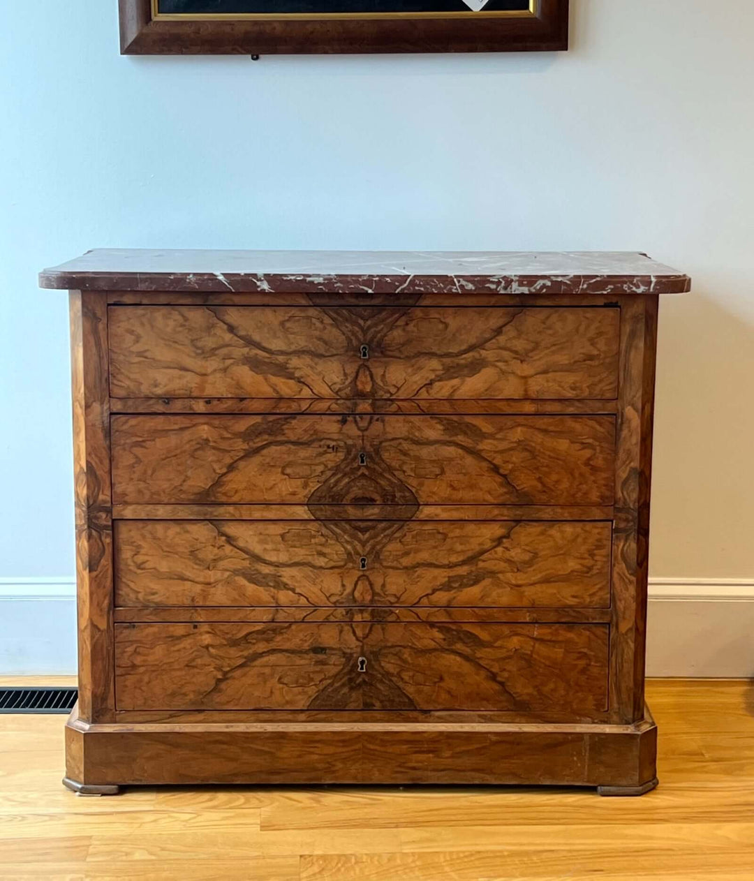 19th-century French Louis-Philippe Marble-top Commode with walnut veneer and marble top.