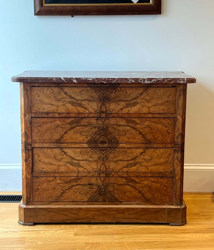 19th-century French Louis-Philippe Marble-top Commode with walnut veneer and marble top.