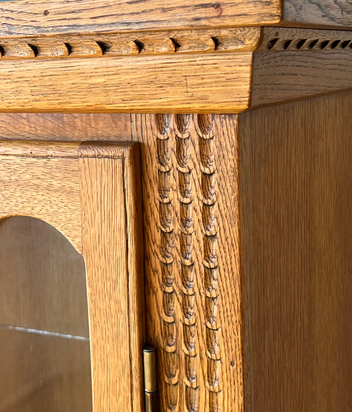 Antique Danish Oak Cabinet with Hidden Drawer and 1816 Lock circa 1930s detailed craftsmanship and intricate carvings.