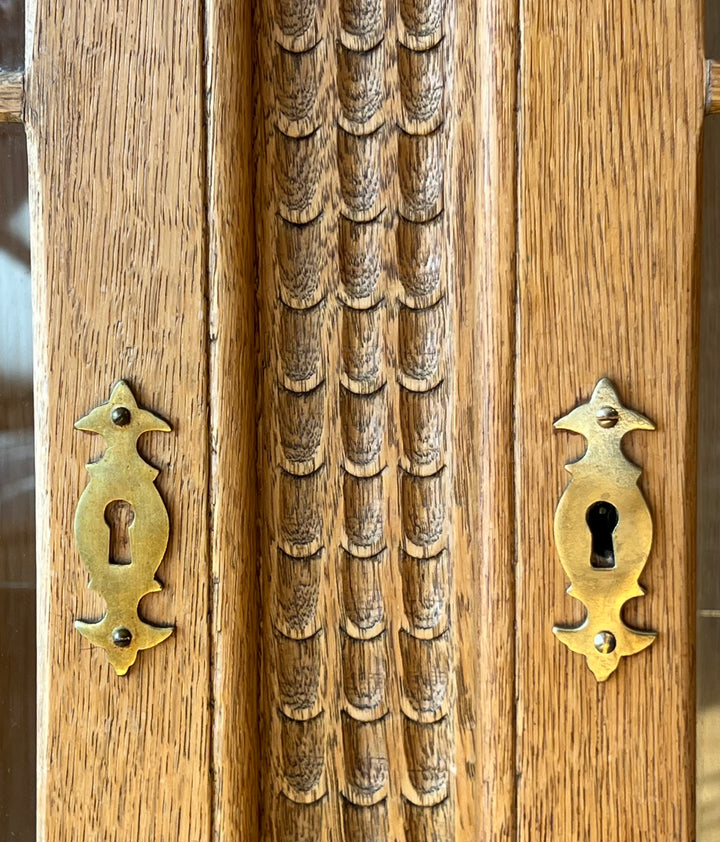 Antique Danish Oak Cabinet with Hidden Drawer and 1816 Lock circa 1930s detailed carvings and brass locks