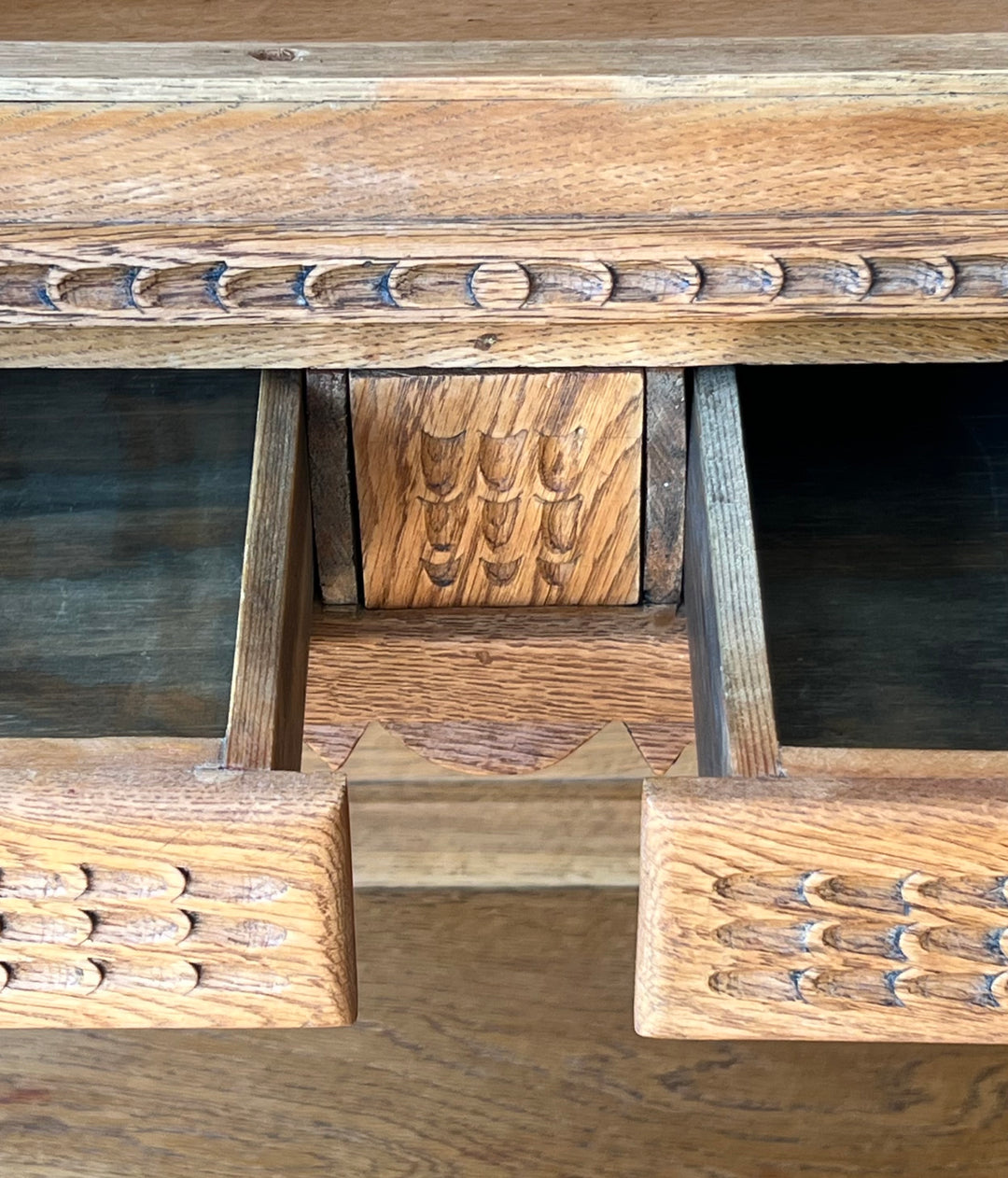 Antique Danish Oak Cabinet with Hidden Drawer and 1816 Lock circa 1930s showing carved drawer detail.