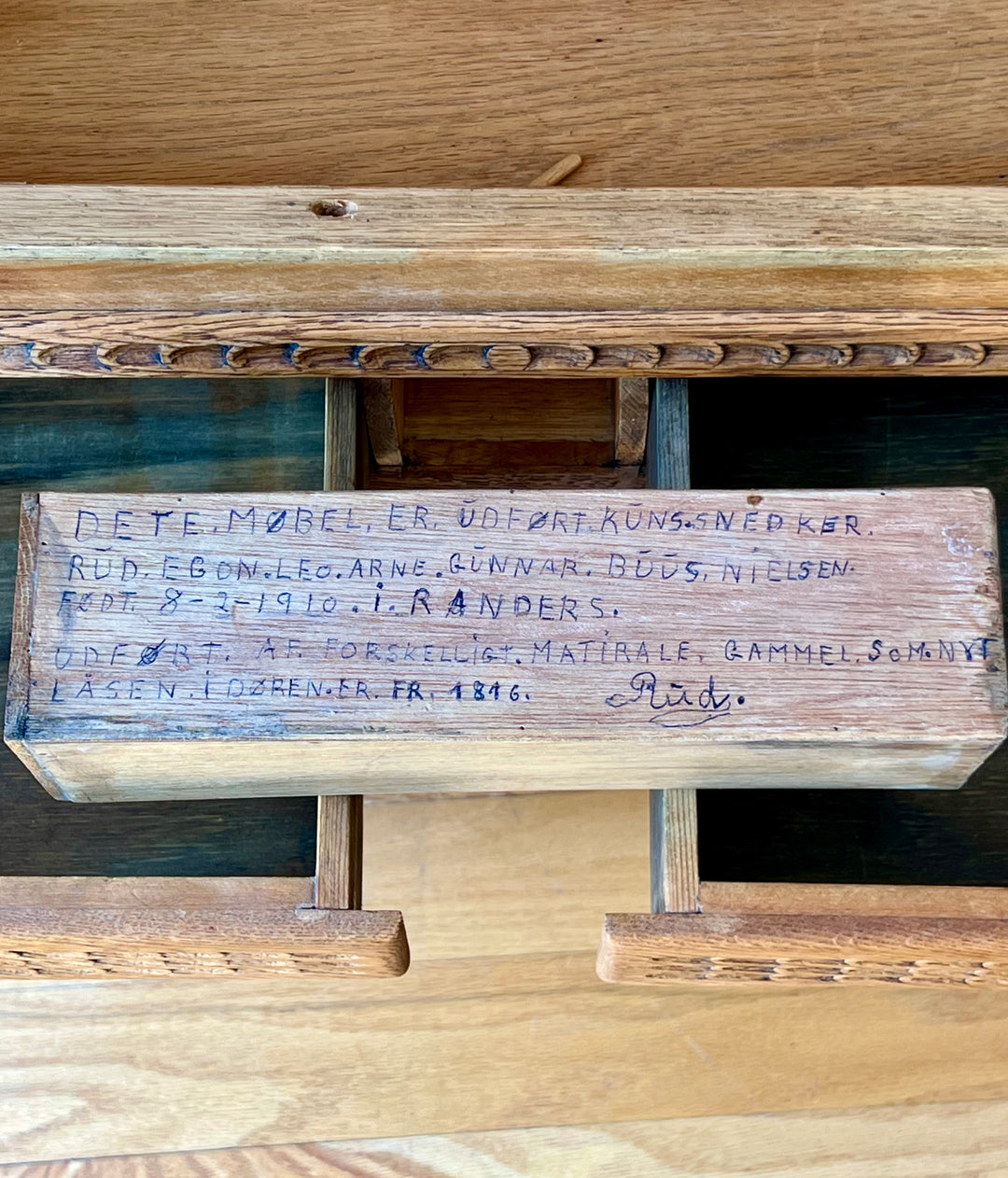 Antique Danish Oak Cabinet with Hidden Drawer and 1816 Lock circa 1930s interior drawer detail showing craftsmanship.