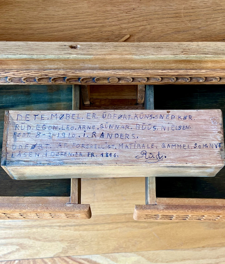 Antique Danish Oak Cabinet with Hidden Drawer and 1816 Lock circa 1930s interior drawer detail showing craftsmanship.