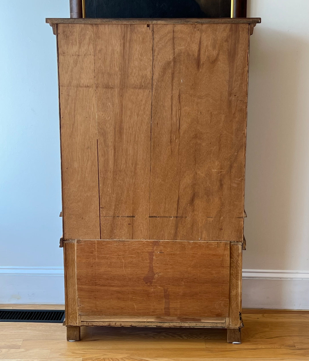 Antique Danish Oak Cabinet with Hidden Drawer and 1816 Lock circa 1930s back view showing wood details.