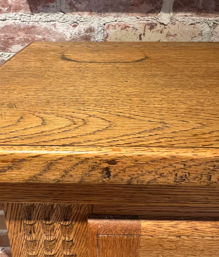 Antique Danish Oak Cabinet with Hidden Drawer and 1816 Lock circa 1930s top detail showing fine craftsmanship and wood grain.