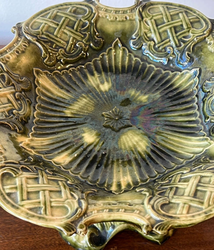 Antique European Majolica Compote with Ornate Relief and Green Glaze, showcasing intricate basketweave and scalloped design.