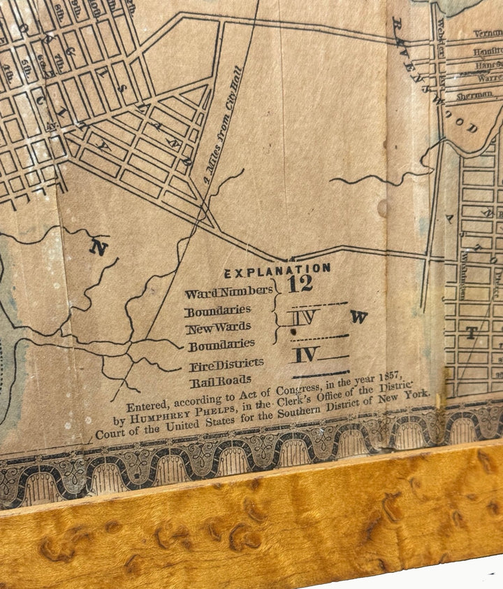 Antique 1857 New York City Map by Humphrey Phelps, Framed in Burlwood