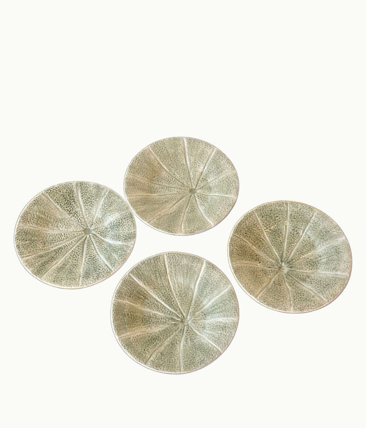 Set of Bordallo Pinheiro Melon Dessert Plates from Portugal, featuring naturalistic veining and celadon-green glaze.