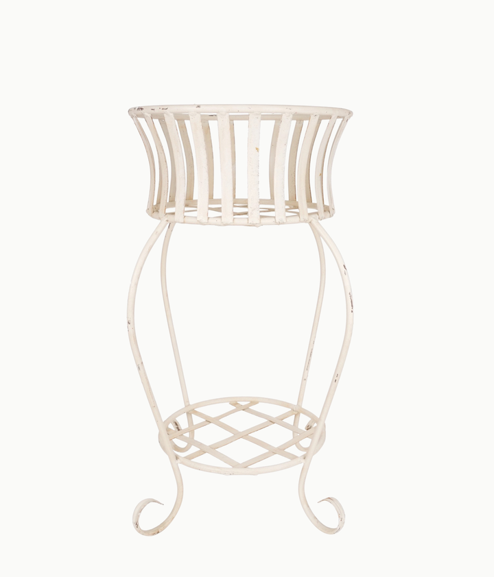 Handmade Mexican Iron Plant Stand with Aged White Finish - Slatted