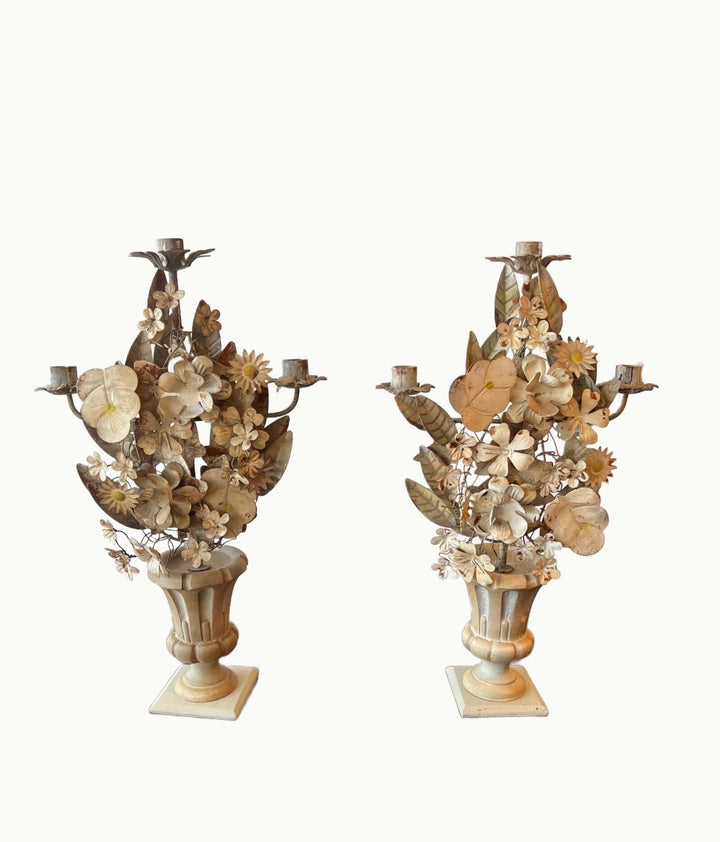 Pair of Vintage Italian Tole Floral Candelabras with hand-painted flowers and three candle holders.
