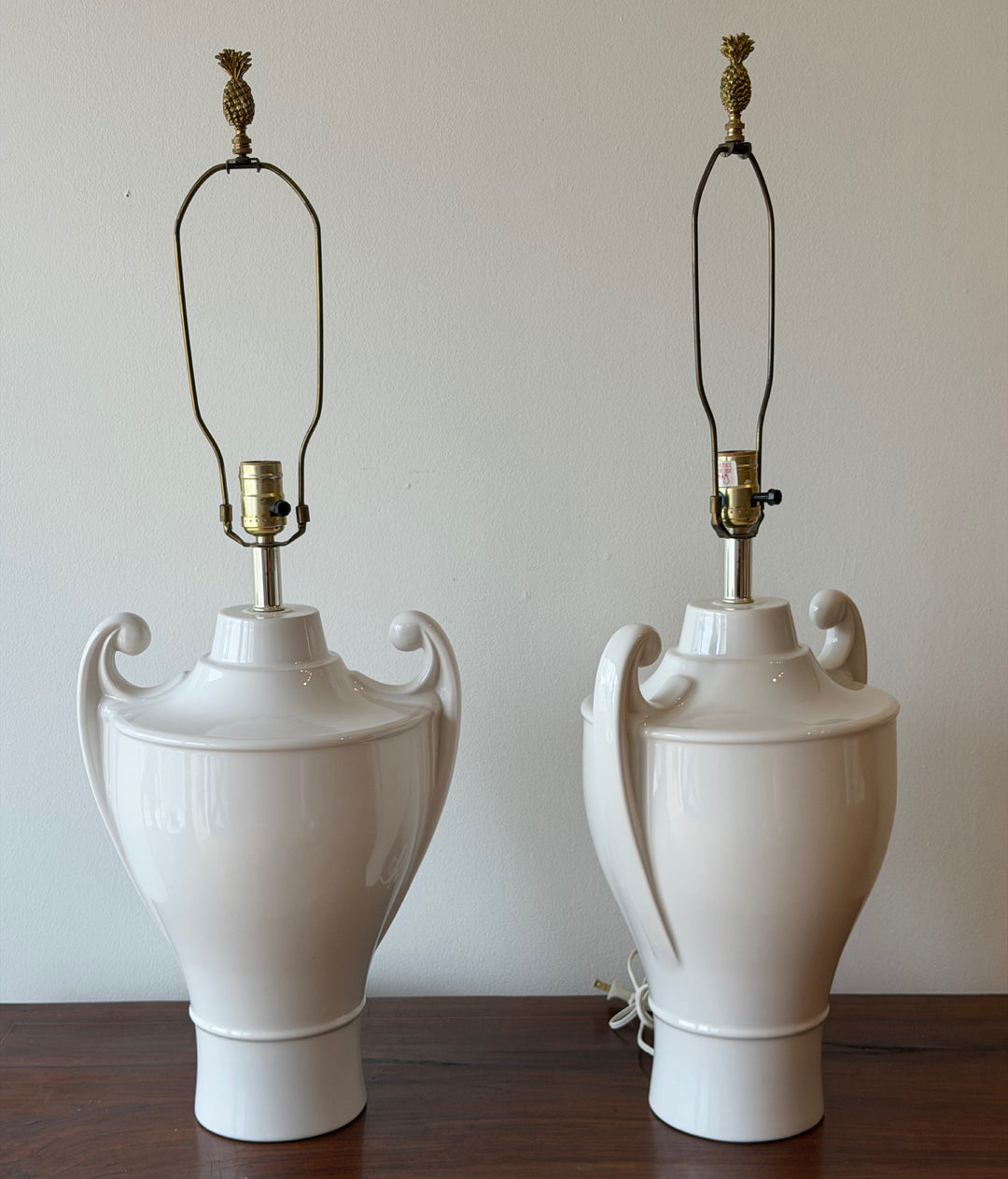 Pair of Vintage White Glazed Ceramic Urn Lamps