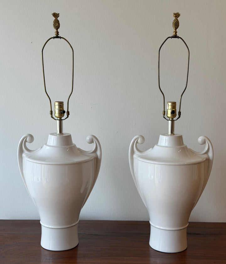 Pair of Vintage White Glazed Ceramic Urn Lamps