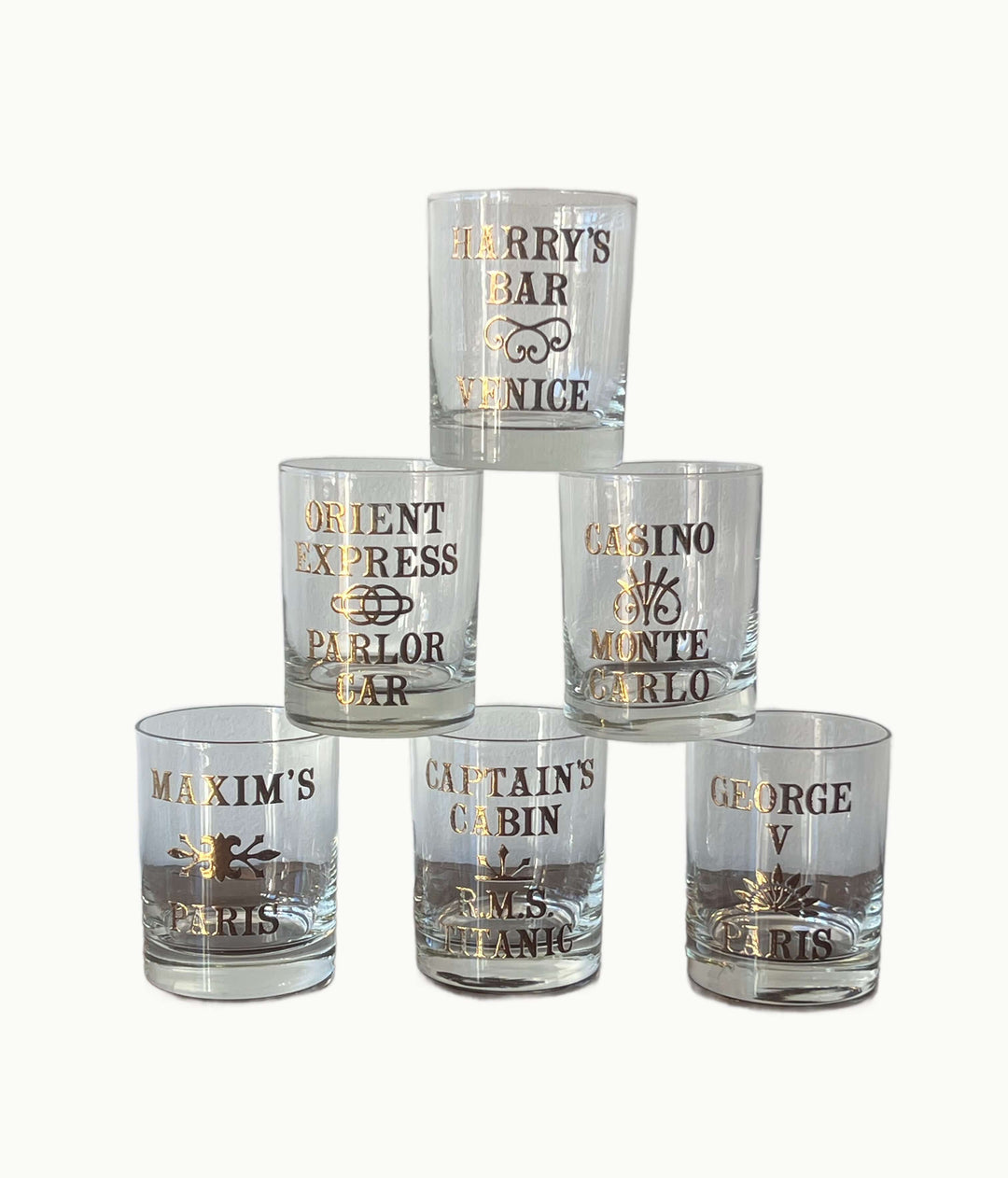 Vintage set of Six Cera "World Famous Bar Glasses" with 22K Details showcasing legendary destinations.