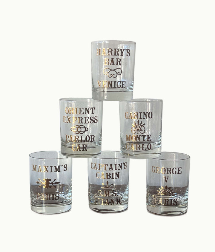 Vintage set of Six Cera "World Famous Bar Glasses" with 22K Details showcasing legendary destinations.