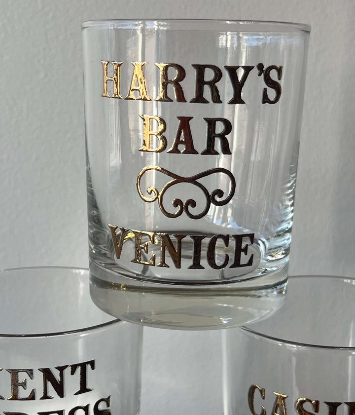 Vintage set of Six Cera "World Famous Bar Glasses" with 22K Details featuring Harry's Bar Venice glass.
