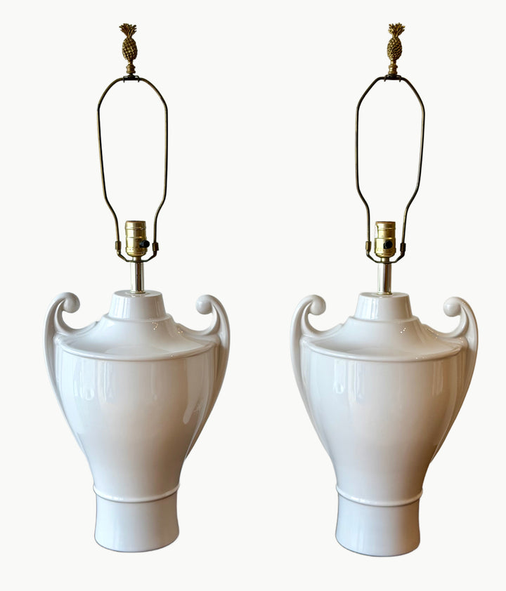 Pair of Vintage White Glazed Ceramic Urn Lamps