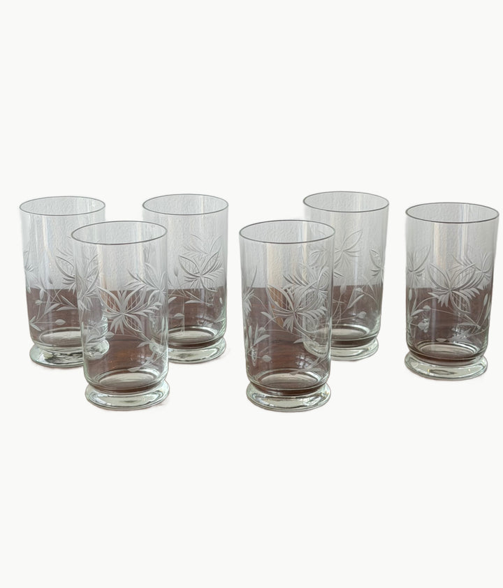 A Vintage Set of Six Etched Glass Footed Tumblers