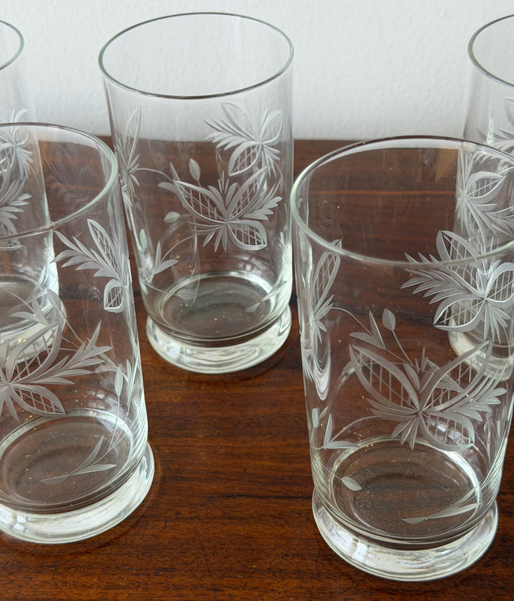 A Vintage Set of Six Etched Glass Footed Tumblers