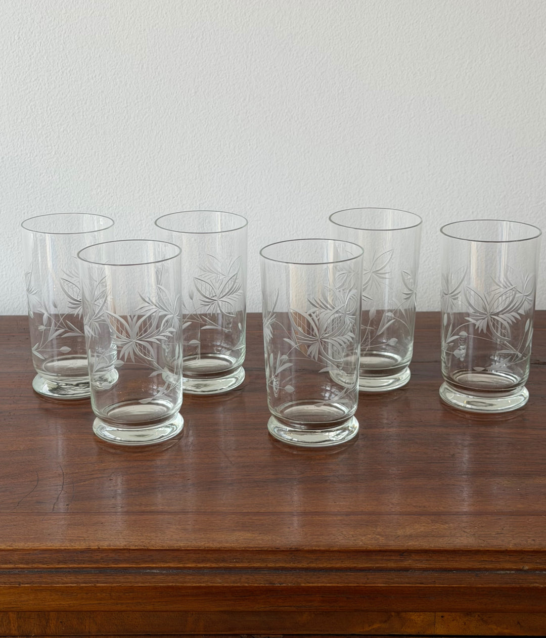 A Vintage Set of Six Etched Glass Footed Tumblers