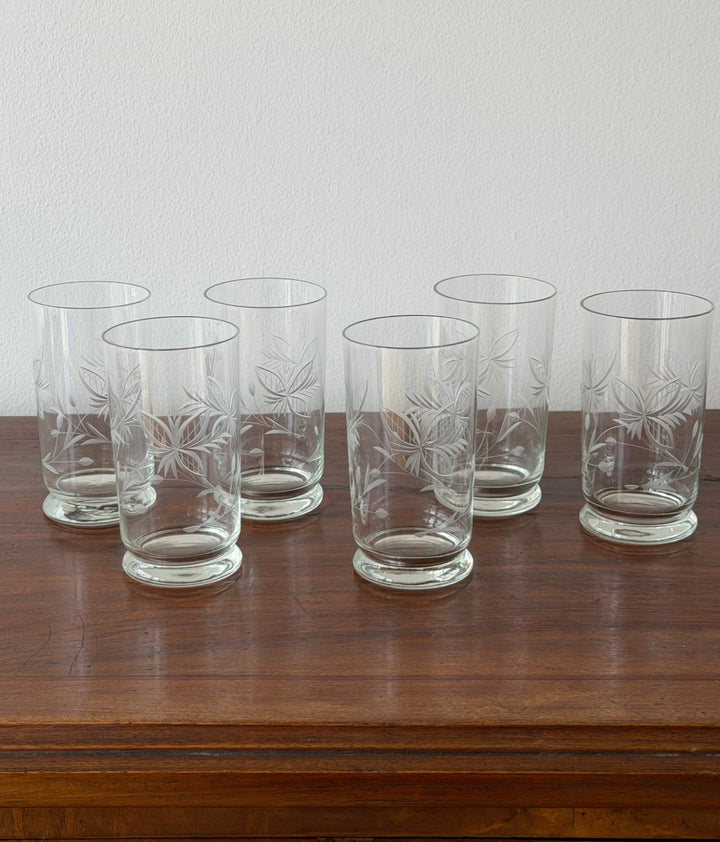 A Vintage Set of Six Etched Glass Footed Tumblers