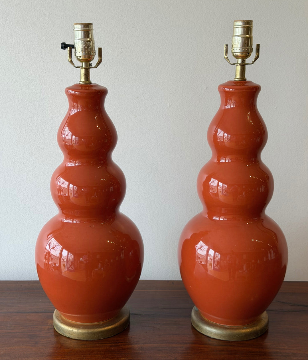 Pair of Vintage Festoni Italian-Style Ceramic Gourd Lamps in Paprika Glaze