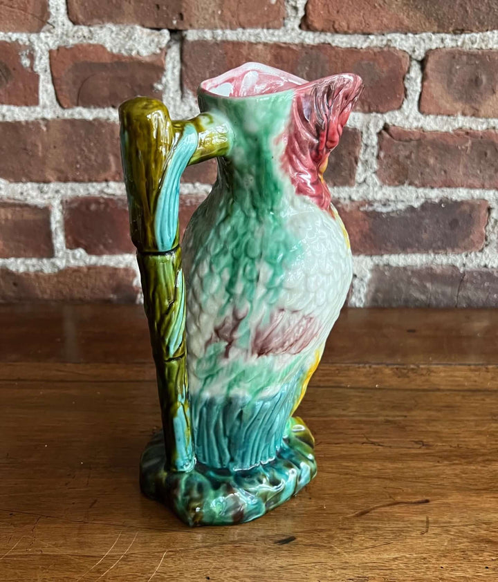 Vintage Majolica Cockatoo Pitcher with colorful glaze and bamboo handle, mid-20th century, in very good vintage condition.