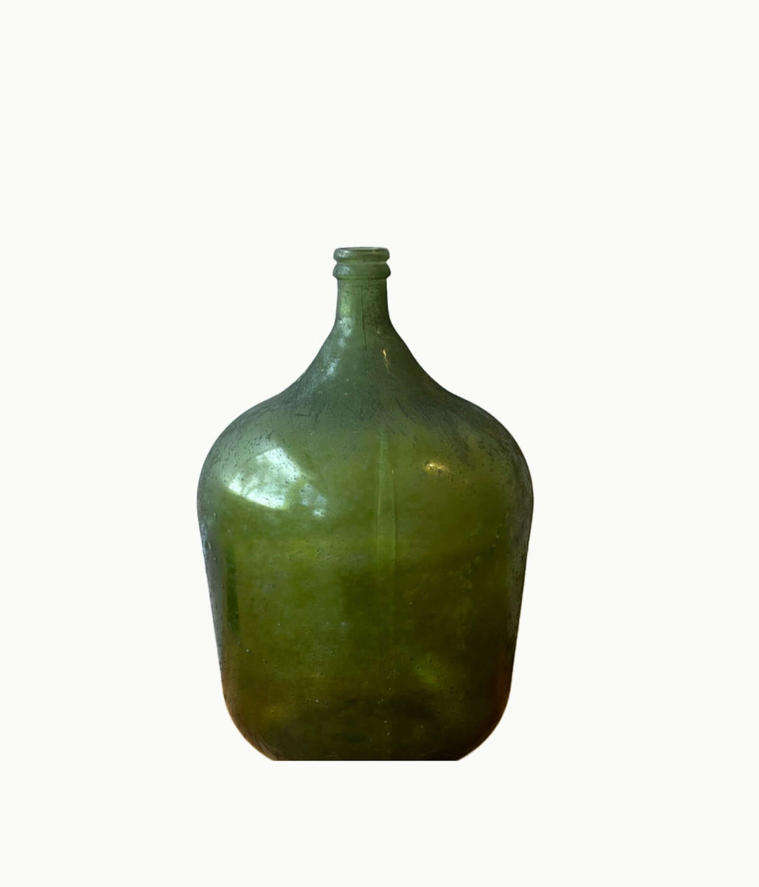 Vintage Spanish Green Demijohn Bottle with Rolled Rim, handcrafted, mold-blown glass, mid-century, mossy green.