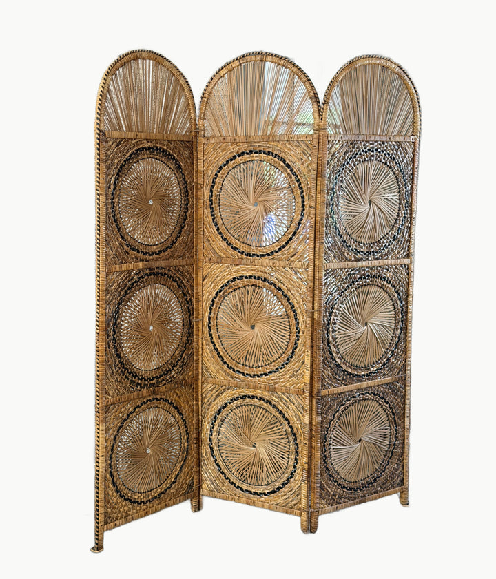 Vintage Rattan Folding Screen with Sunburst Motifs