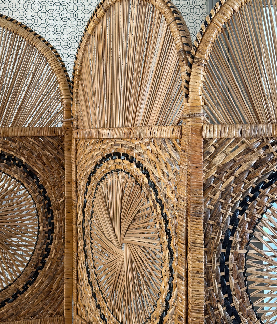 Vintage Rattan Folding Screen with Sunburst Motifs