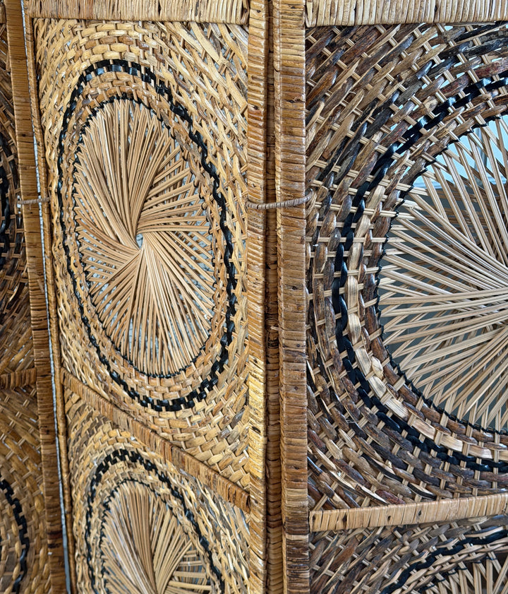 Vintage Rattan Folding Screen with Sunburst Motifs