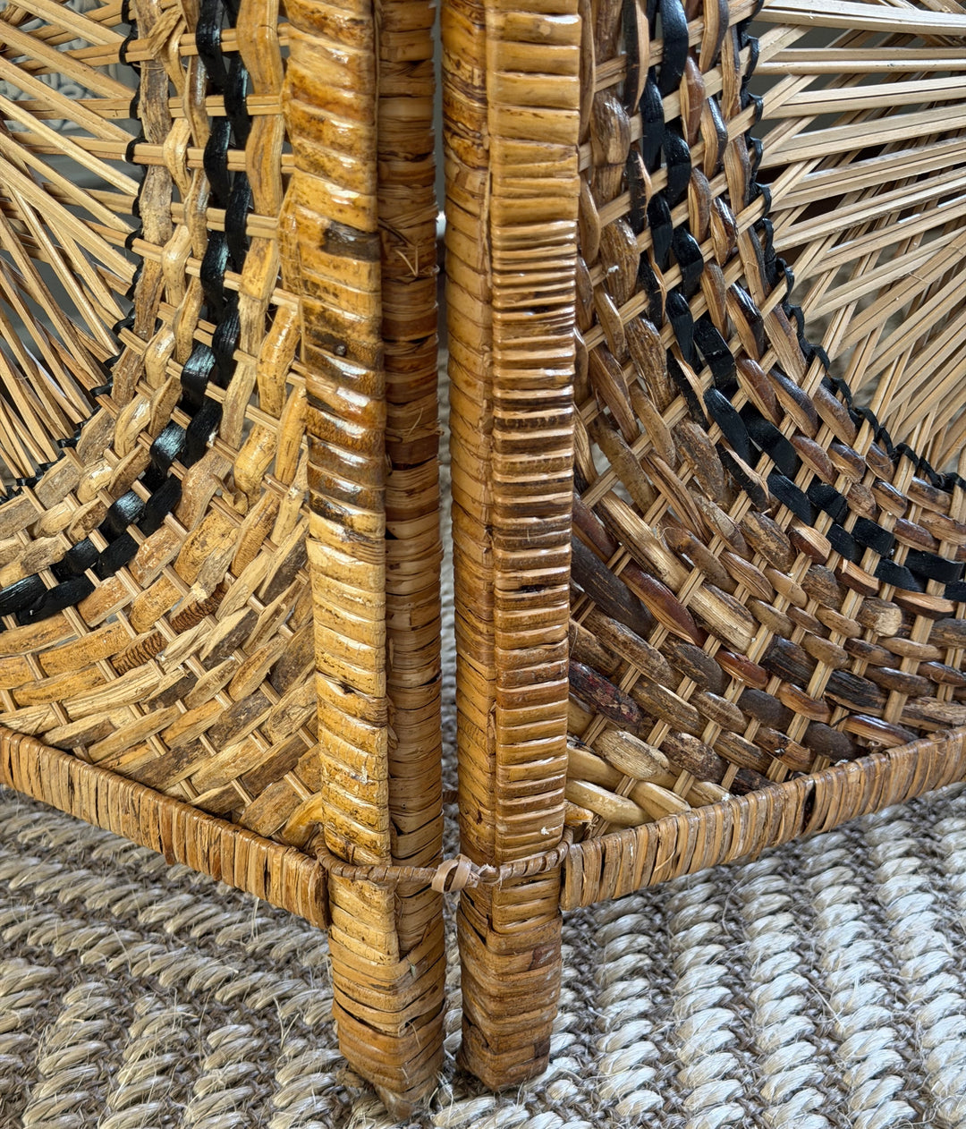 Vintage Rattan Folding Screen with Sunburst Motifs
