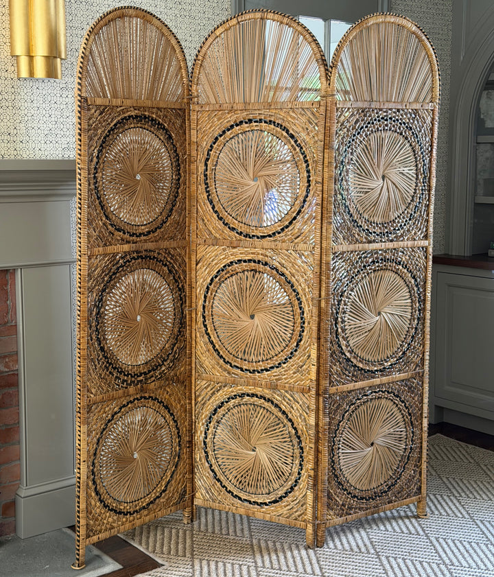 Vintage Rattan Folding Screen with Sunburst Motifs