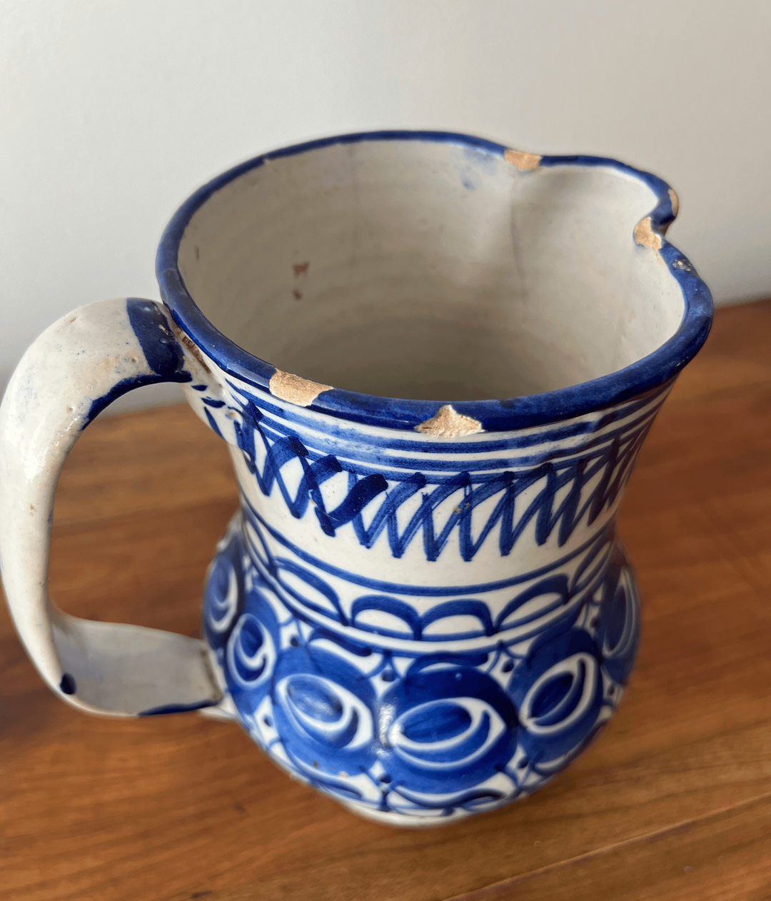 Antique Handmade Blue and White Ceramic Pitcher from Italy