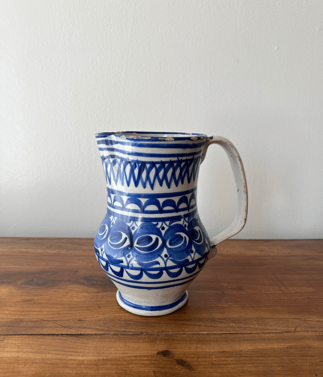 Antique Handmade Blue and White Ceramic Pitcher from Italy