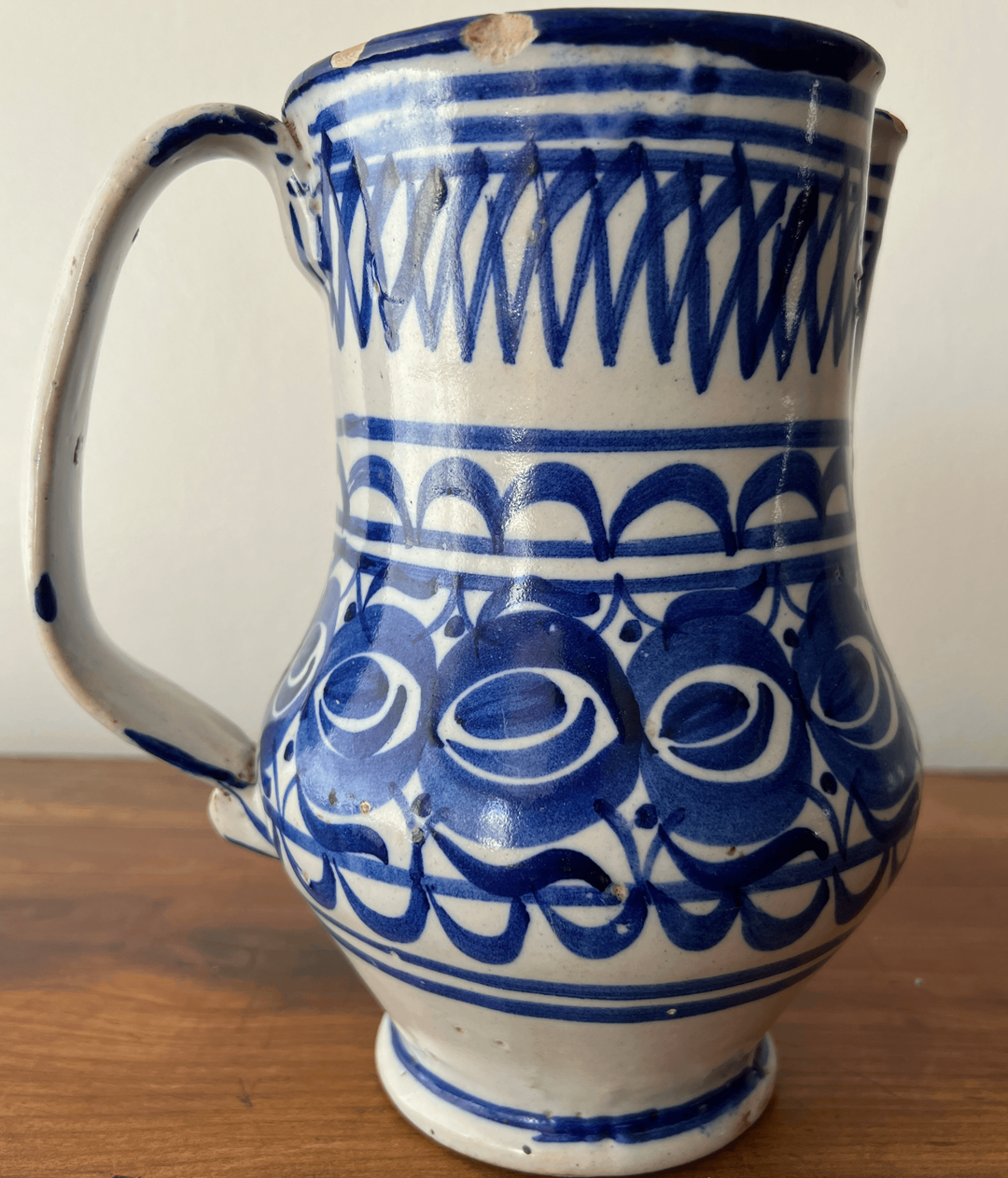 Antique Handmade Blue and White Ceramic Pitcher from Italy - andfoundfurnishings